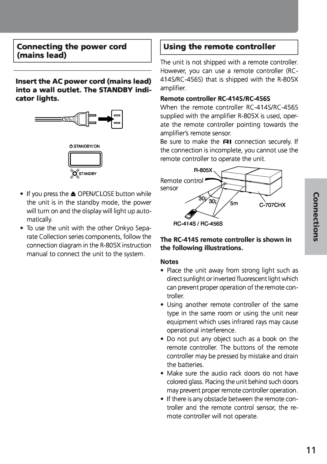 Onkyo C-707CHX instruction manual Connecting the power cord mains lead, Using the remote controller, Connections 