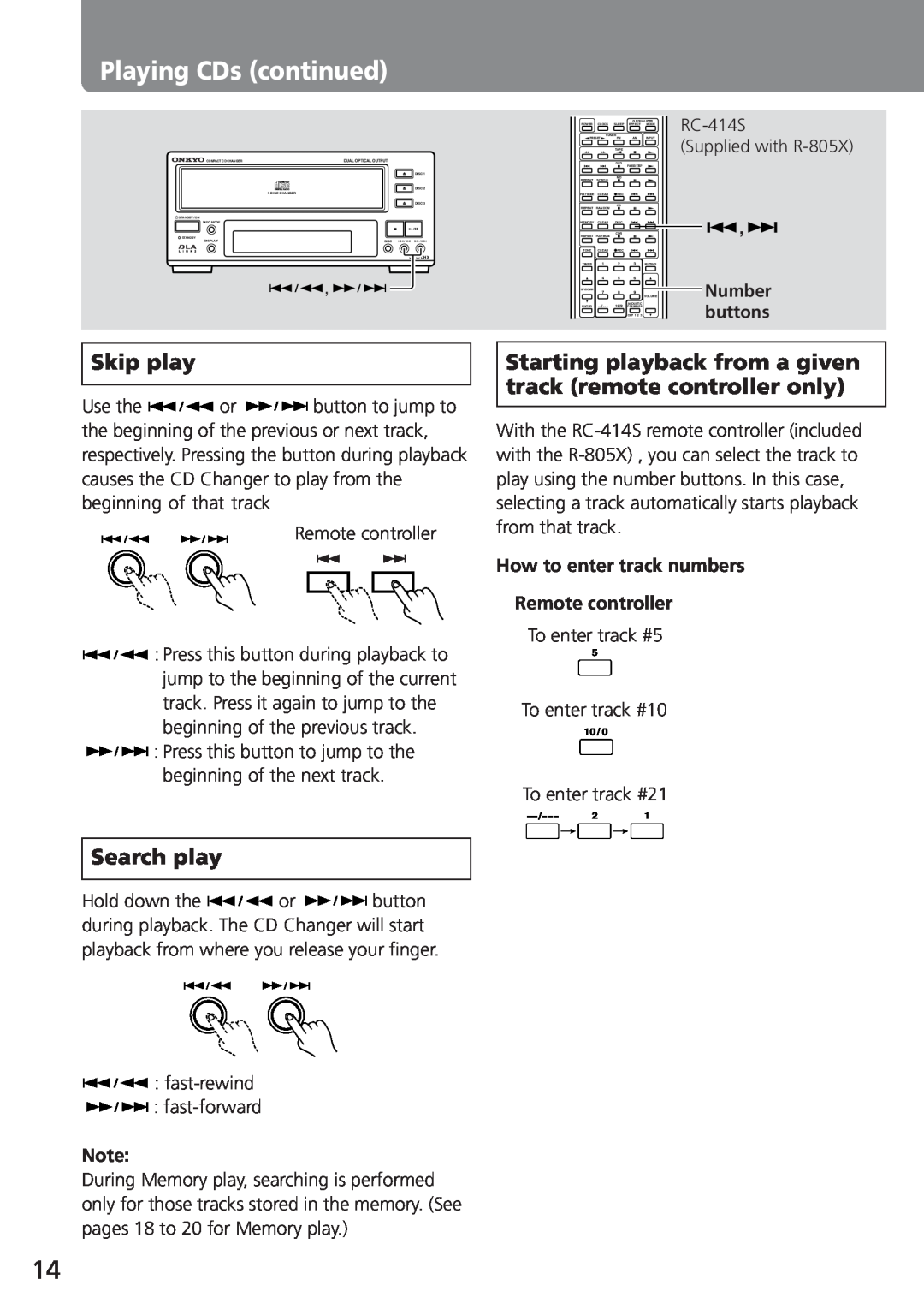 Onkyo C-707CHX instruction manual Playing CDs continued, Skip play, Search play 