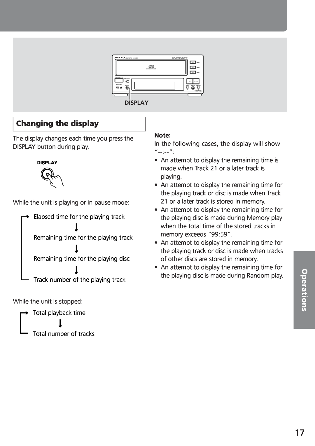 Onkyo C-707CHX instruction manual Changing the display, Operations, Display 