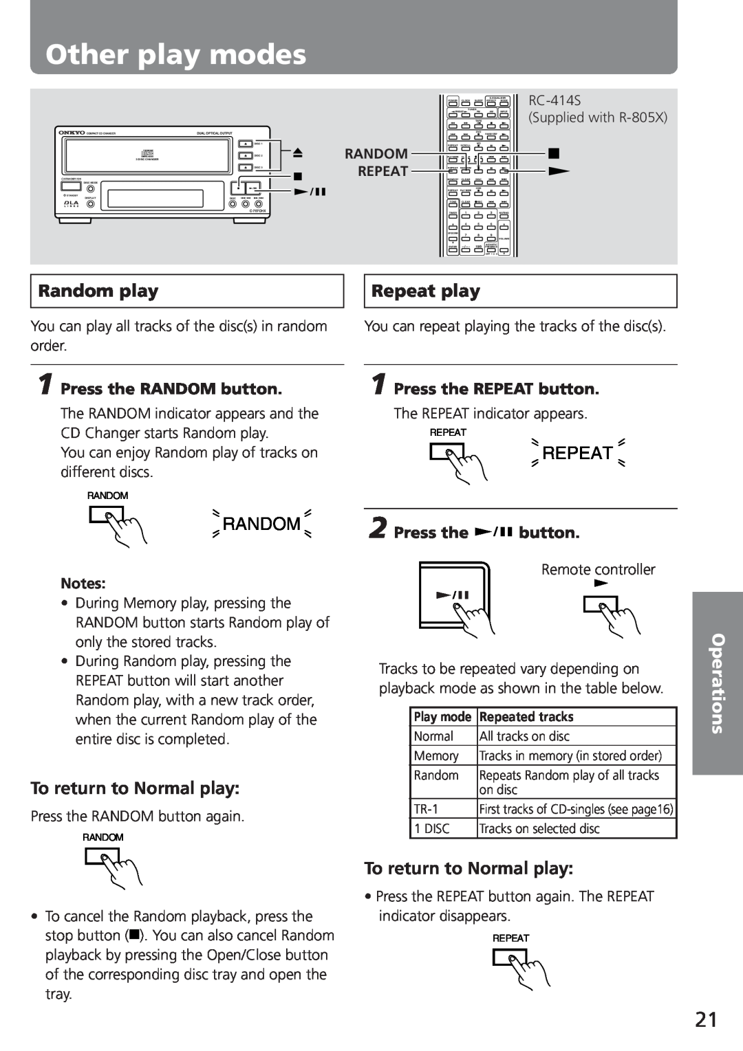 Onkyo C-707CHX instruction manual Other play modes, Random play, Repeat play, To return to Normal play, Operations 