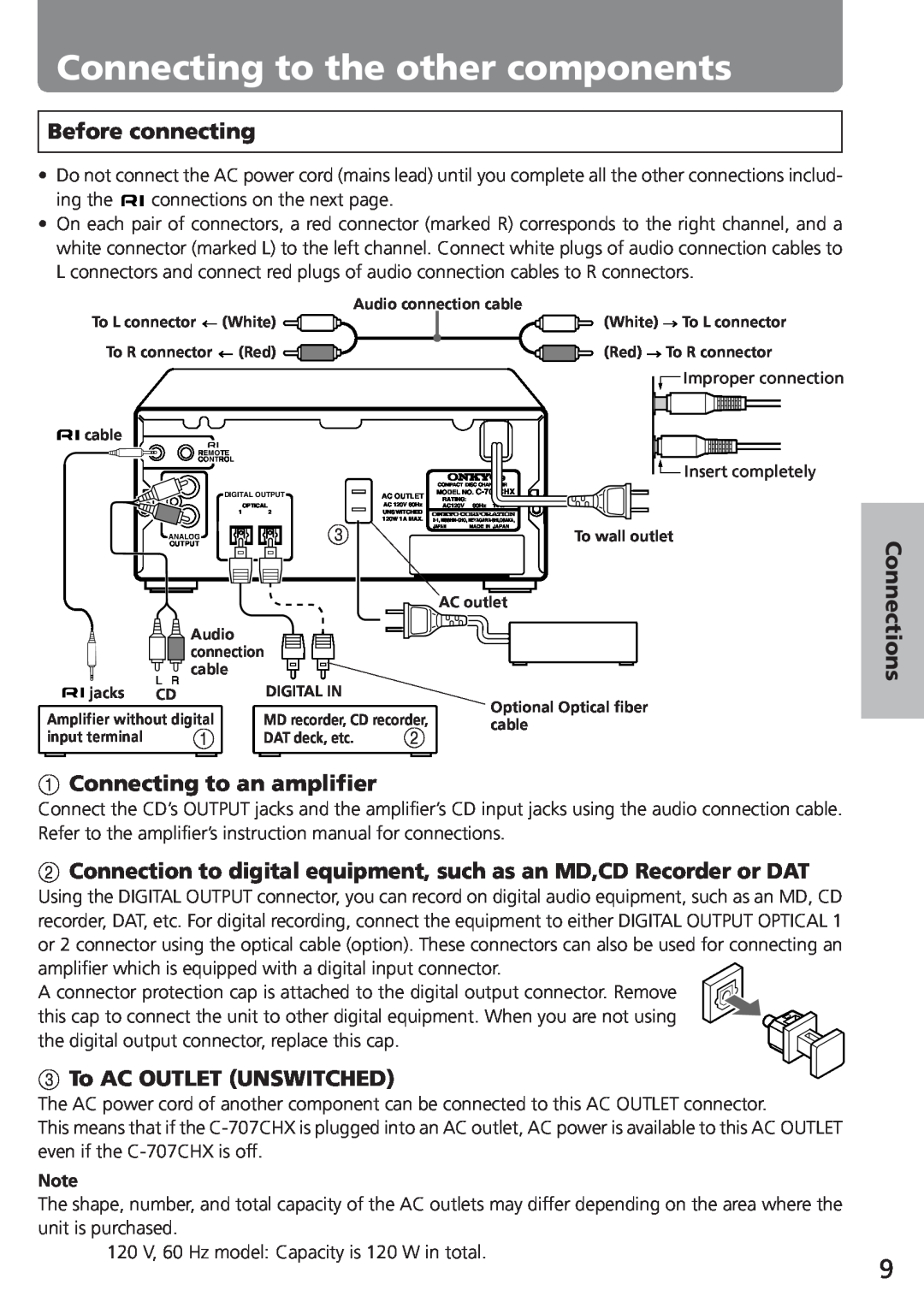 Onkyo C-707CHX instruction manual Connecting to the other components, Before connecting, 1Connecting to an amplifier 