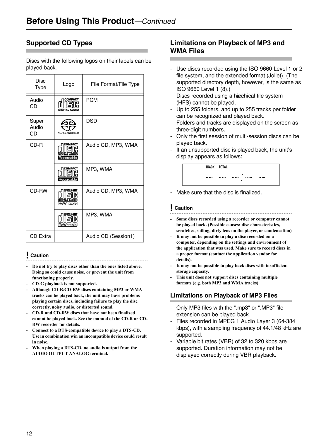 Onkyo C-S5VL Supported CD Types, Limitations on Playback of MP3 and WMA Files, Limitations on Playback of MP3 Files 