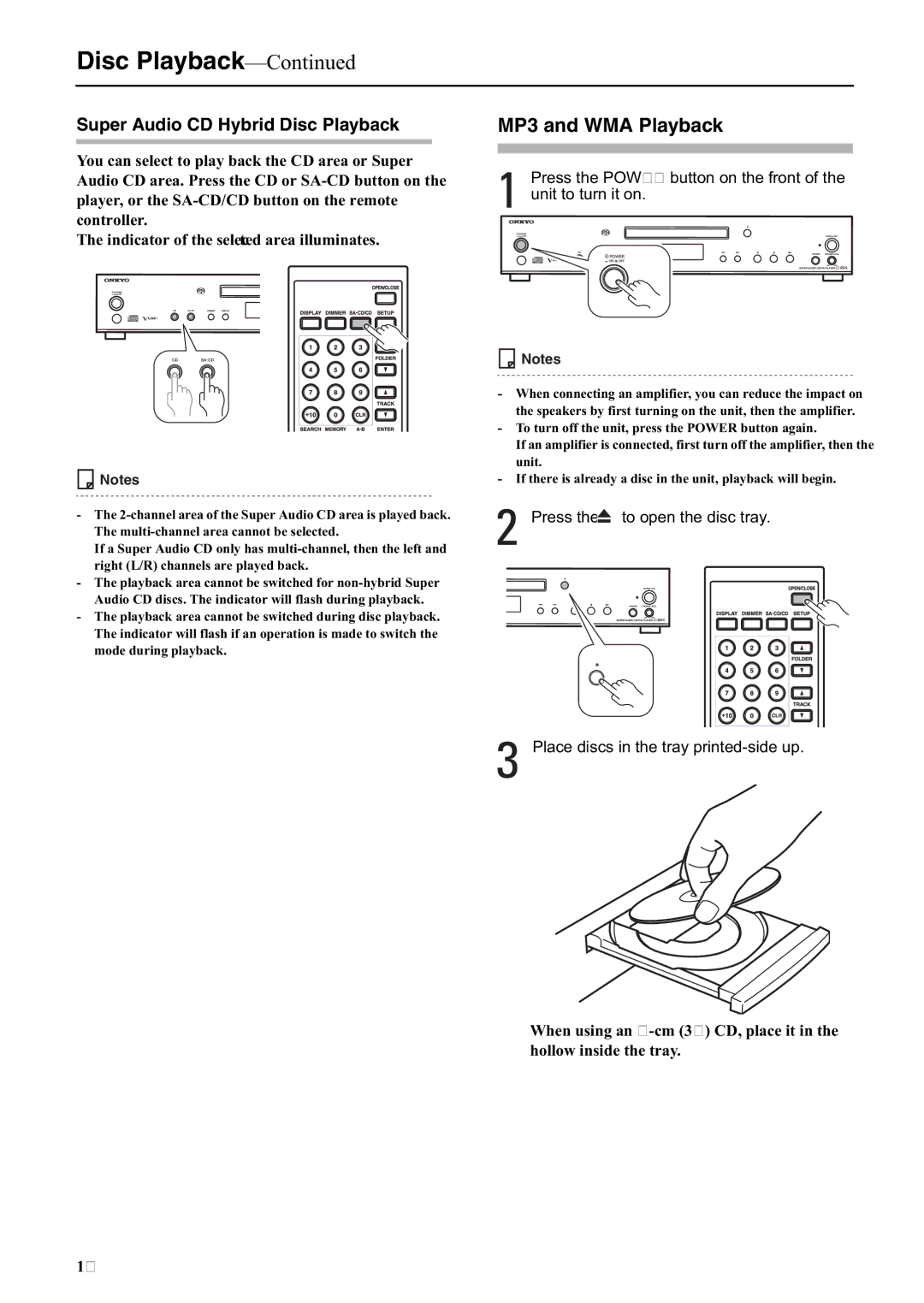 Onkyo C-S5VL instruction manual MP3 and WMA Playback, Super Audio CD Hybrid Disc Playback 