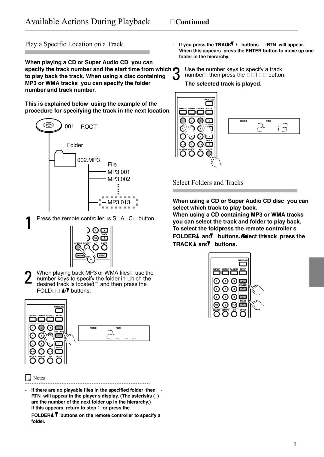 Onkyo C-S5VL Available Actions During Playback, Play a Specific Location on a Track, Select Folders and Tracks 