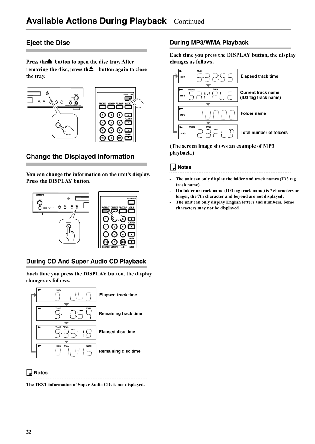 Onkyo C-S5VL instruction manual Eject the Disc, Change the Displayed Information, During MP3/WMA Playback 