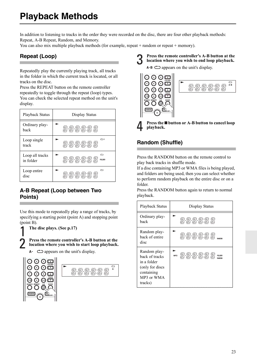 Onkyo C-S5VL instruction manual Playback Methods, Repeat Loop between Two Points, Random Shuffle 