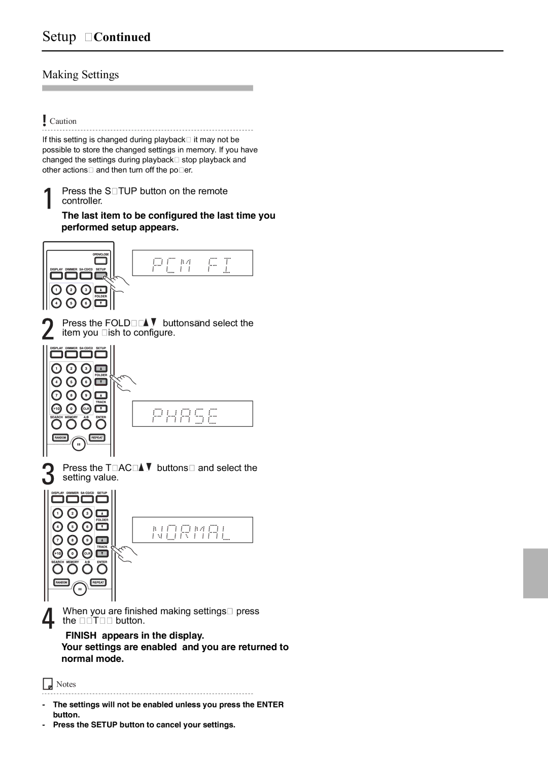 Onkyo C-S5VL instruction manual Making Settings, Press the Setup button on the remote controller 