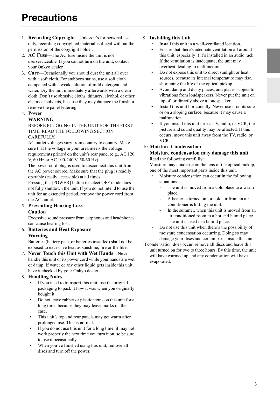 Onkyo C-S5VL instruction manual Precautions, Power 