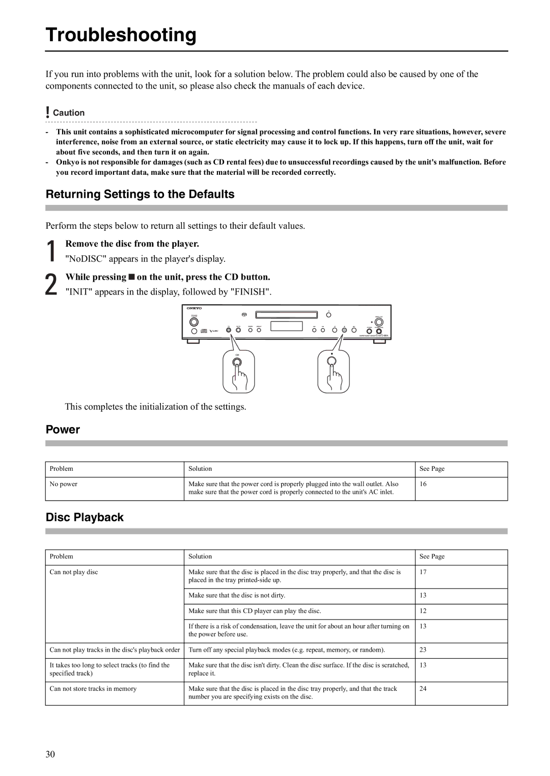 Onkyo C-S5VL instruction manual Troubleshooting, Returning Settings to the Defaults, Power, Disc Playback 