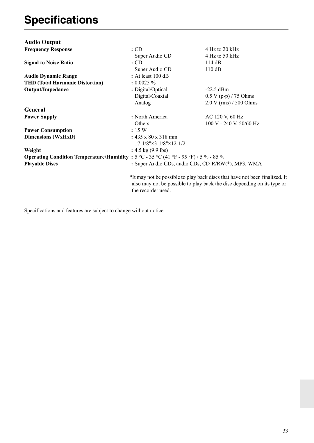 Onkyo C-S5VL instruction manual Specifications 