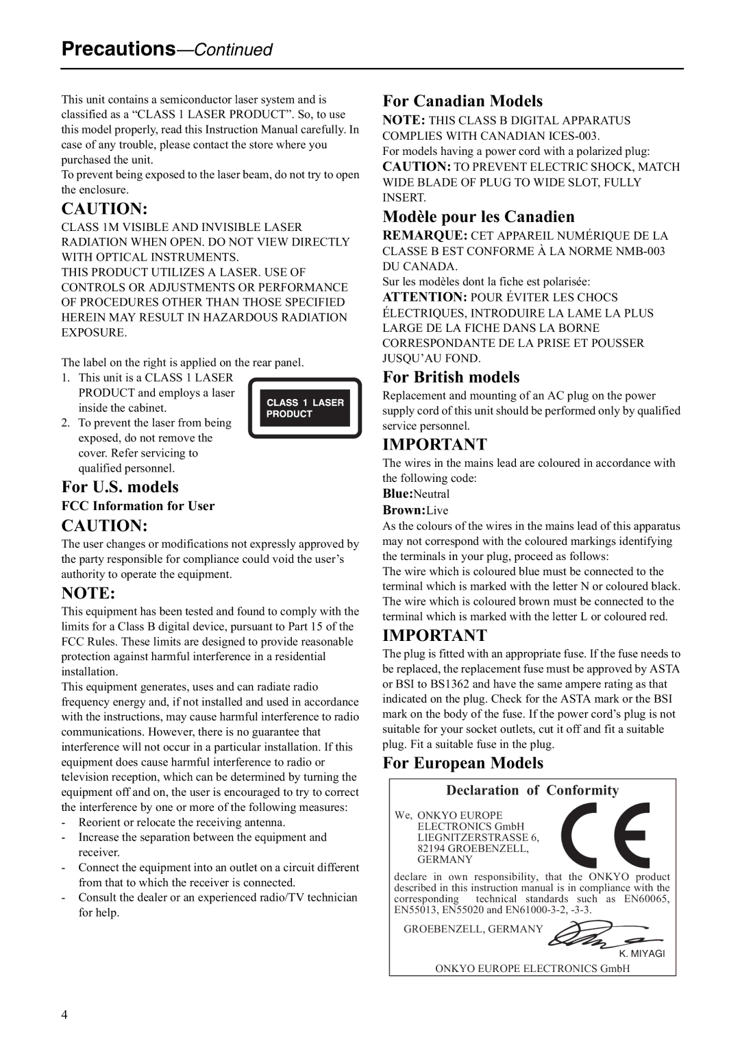 Onkyo C-S5VL instruction manual Precautions, For U.S. models 