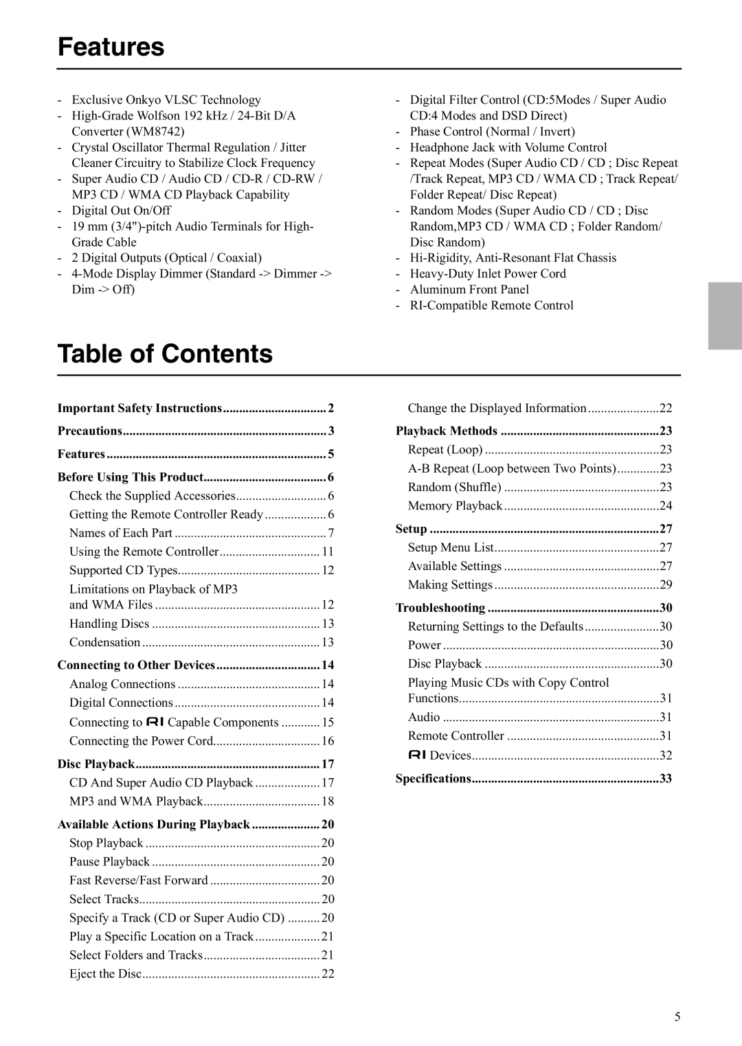 Onkyo C-S5VL instruction manual Features, Table of Contents 