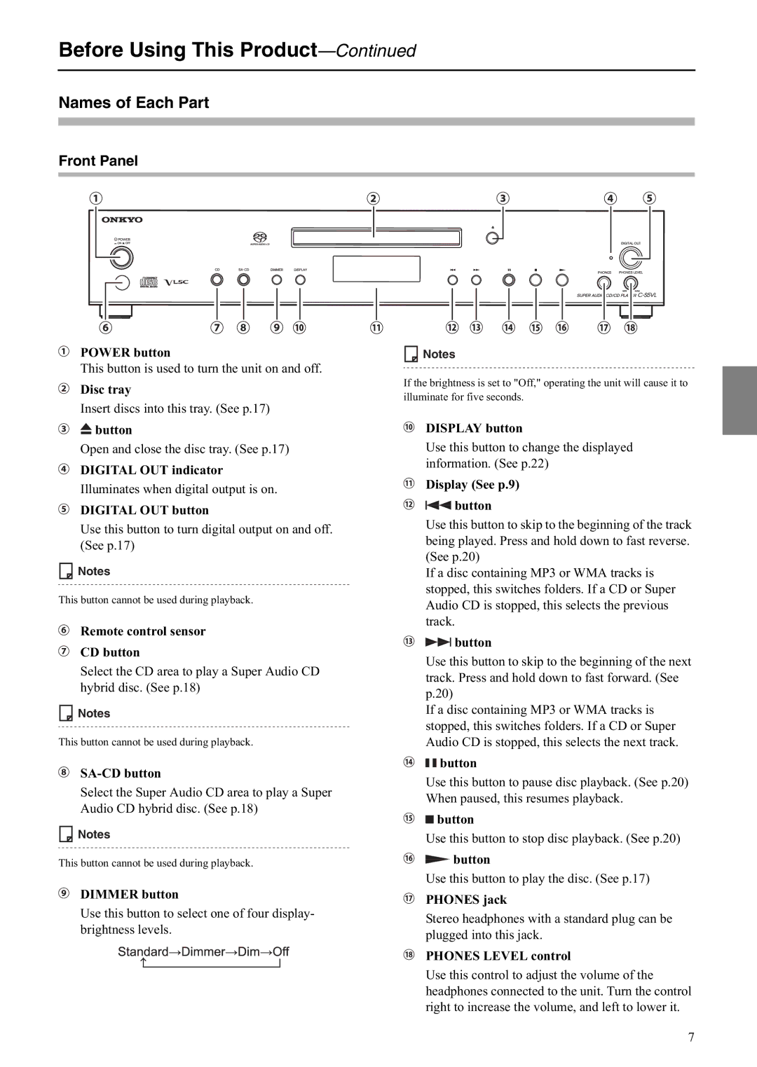 Onkyo C-S5VL instruction manual Before Using This Product, Names of Each Part, Front Panel 