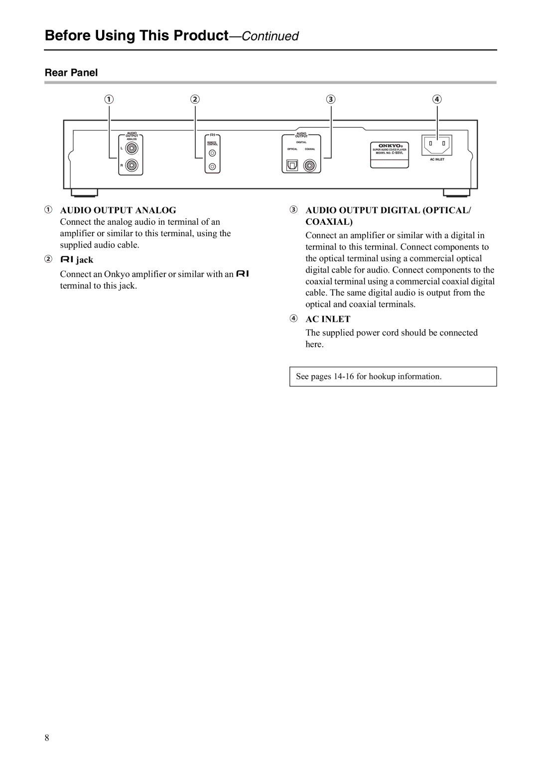 Onkyo C-S5VL instruction manual Rear Panel, Jack 