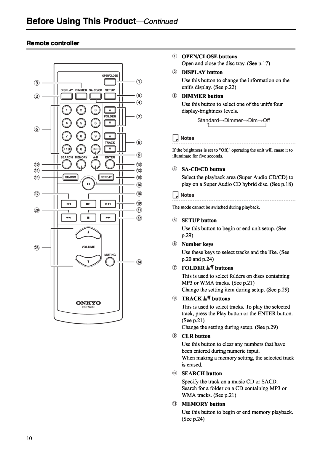 Onkyo C-S5VL instruction manual Remote controller, Before Using This Product-Continued 