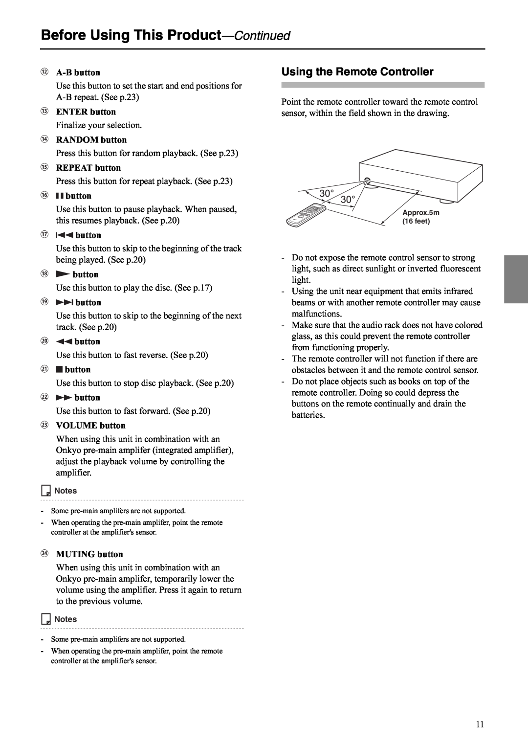 Onkyo C-S5VL instruction manual Using the Remote Controller, Before Using This Product-Continued, Approx.5m 16 feet 