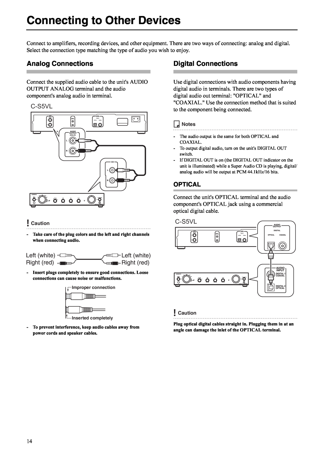 Onkyo C-S5VL instruction manual Connecting to Other Devices, Analog Connections, Digital Connections, Optical 