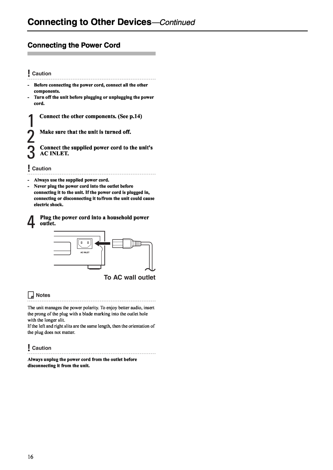 Onkyo C-S5VL instruction manual Connecting the Power Cord, To AC wall outlet, Connecting to Other Devices-Continued 