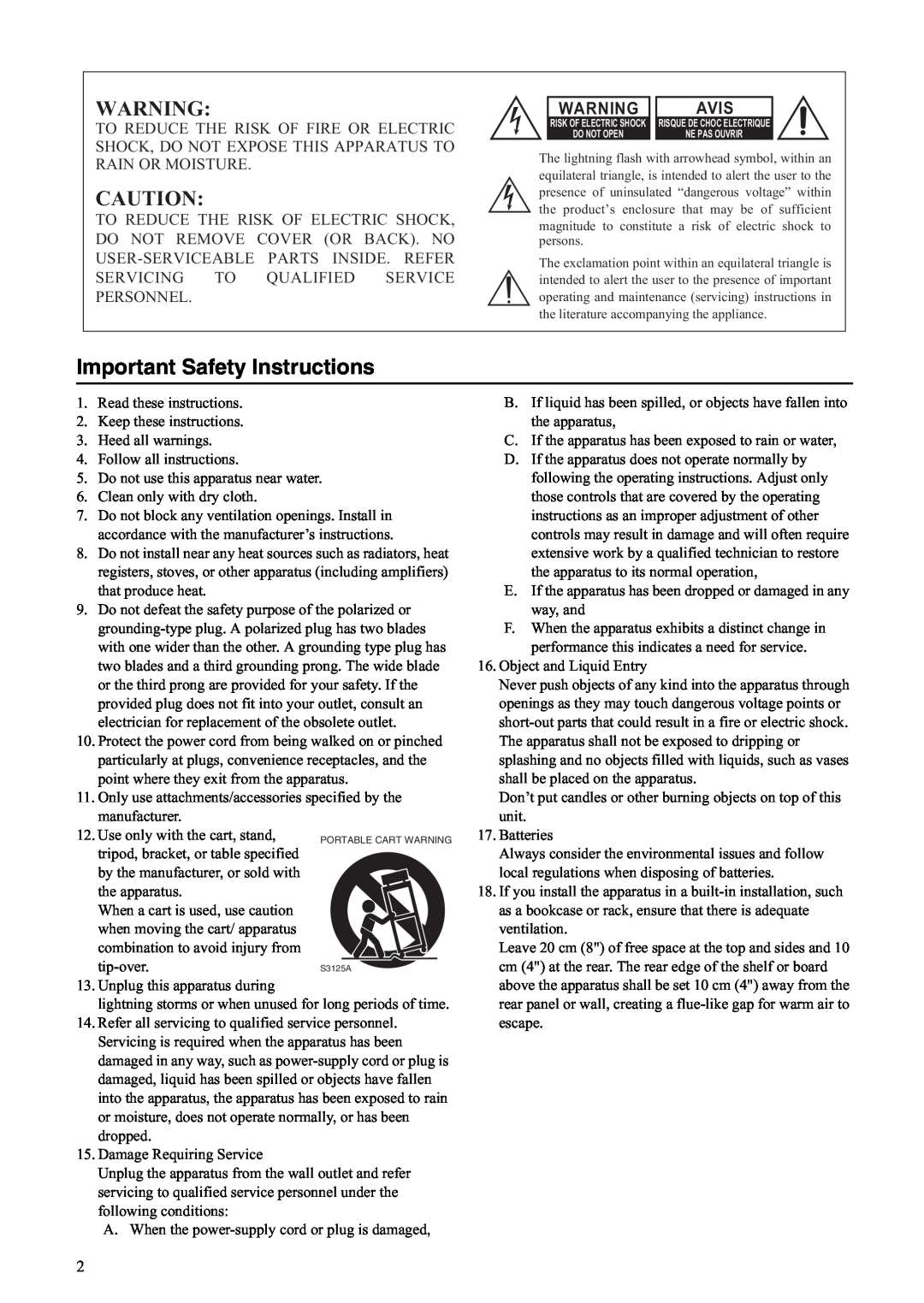 Onkyo C-S5VL instruction manual Important Safety Instructions, Avis 