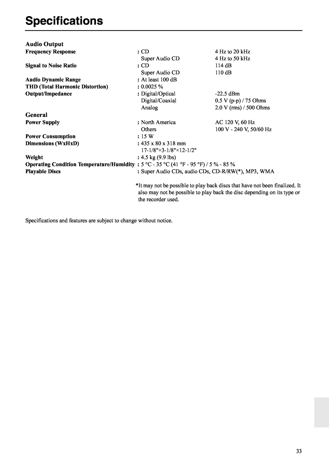 Onkyo C-S5VL instruction manual Specifications, Audio Output, General 