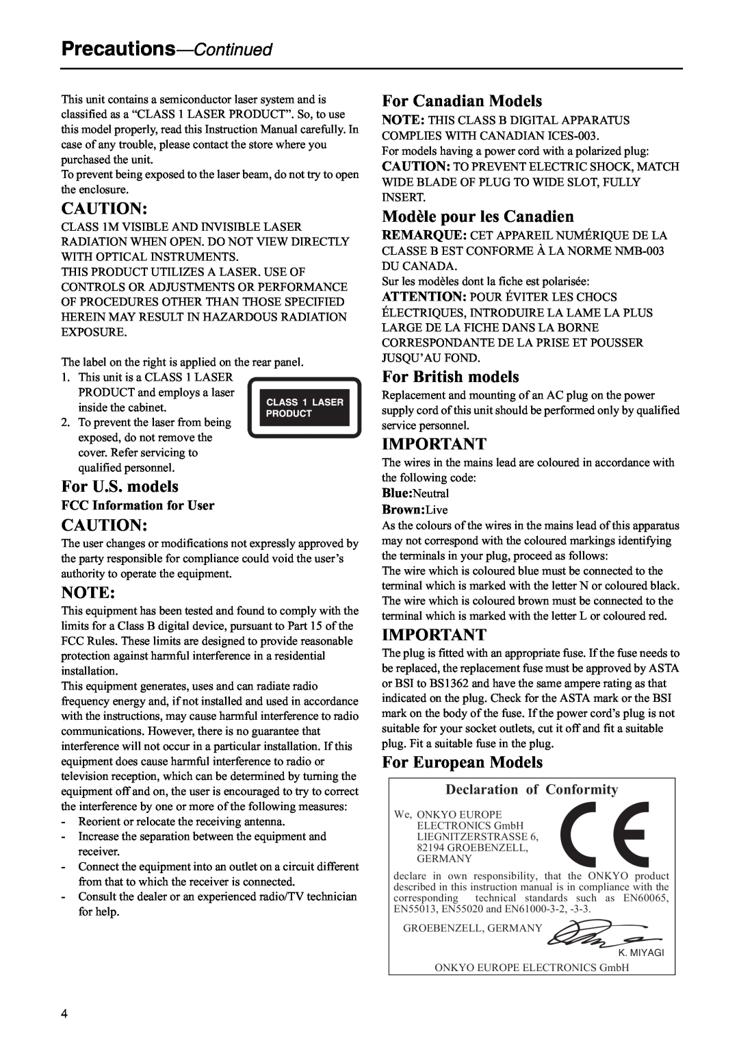 Onkyo C-S5VL Precautions-Continued, FCC Information for User, BrownLive, For U.S. models, For Canadian Models 