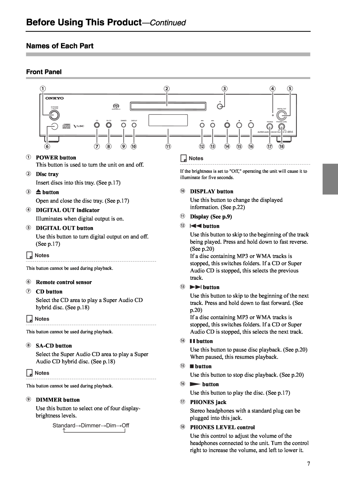 Onkyo C-S5VL instruction manual Before Using This Product-Continued, Names of Each Part, Front Panel 