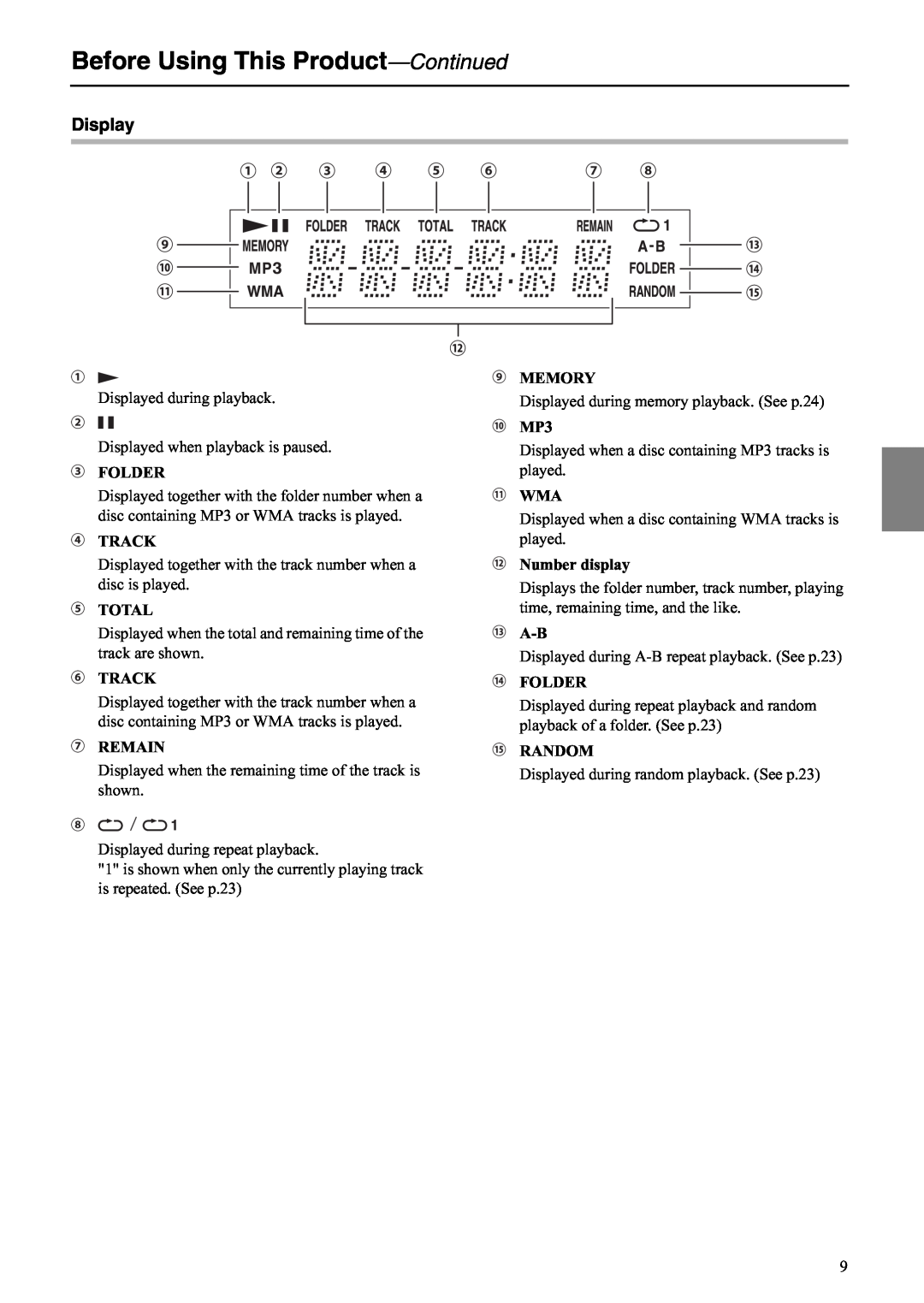 Onkyo C-S5VL instruction manual Display, Before Using This Product-Continued 
