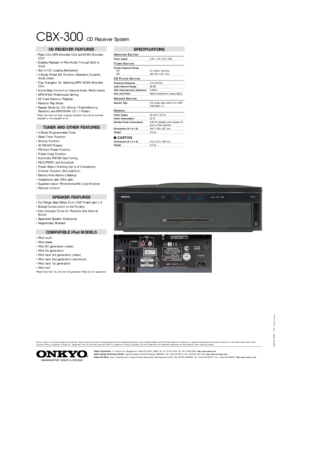 Onkyo CBX-300 manual CD Receiver Features, Tuner and Other Features, Speaker Features, Specifications 