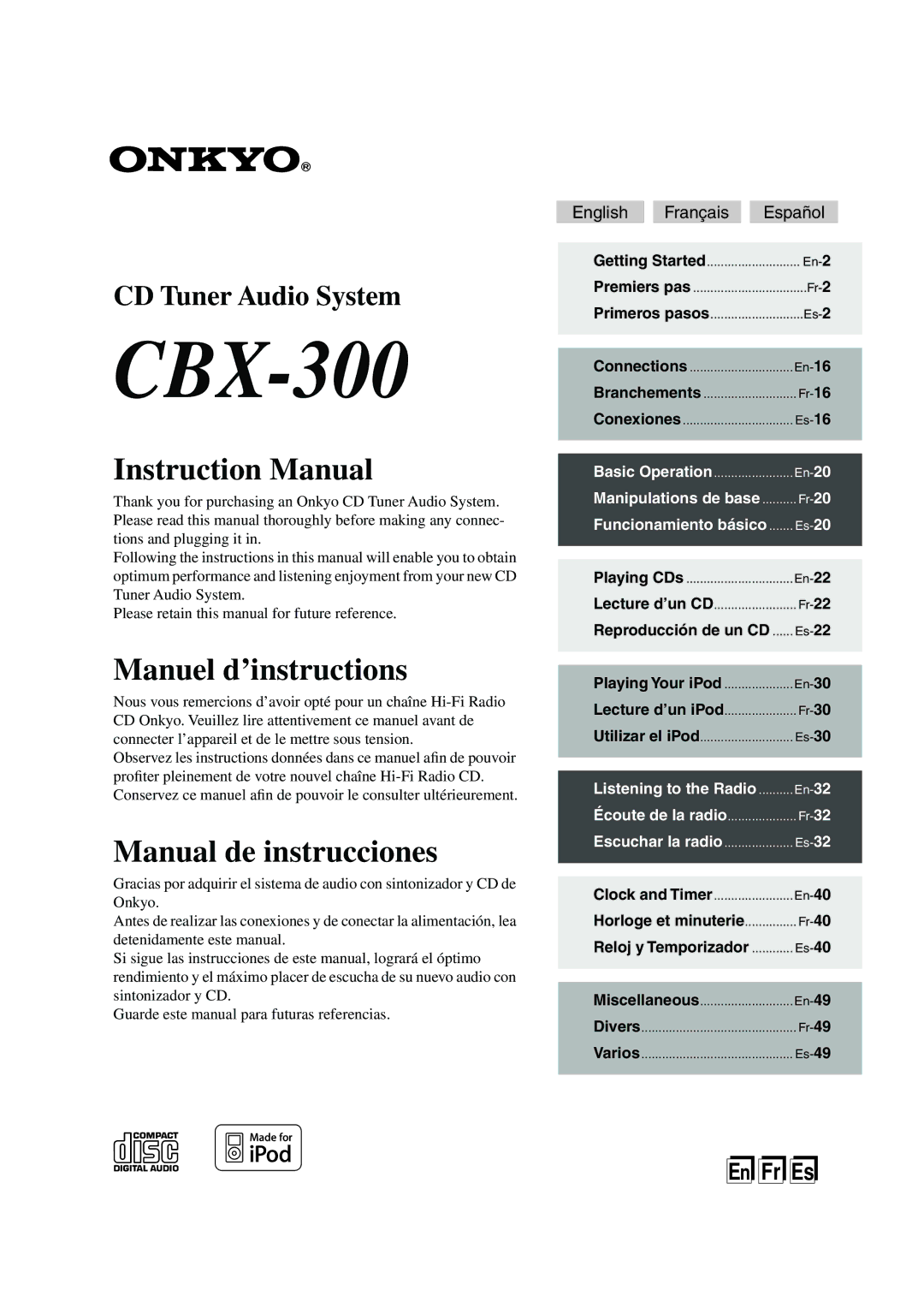 Onkyo CBX-300 instruction manual English Français Español, Horloge et minuterie, Reloj y Temporizador 