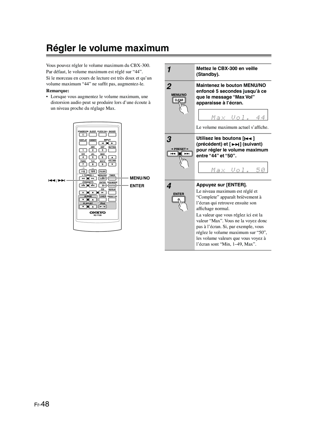 Onkyo CBX-300 instruction manual Régler le volume maximum, MENU/NO ENTER4 