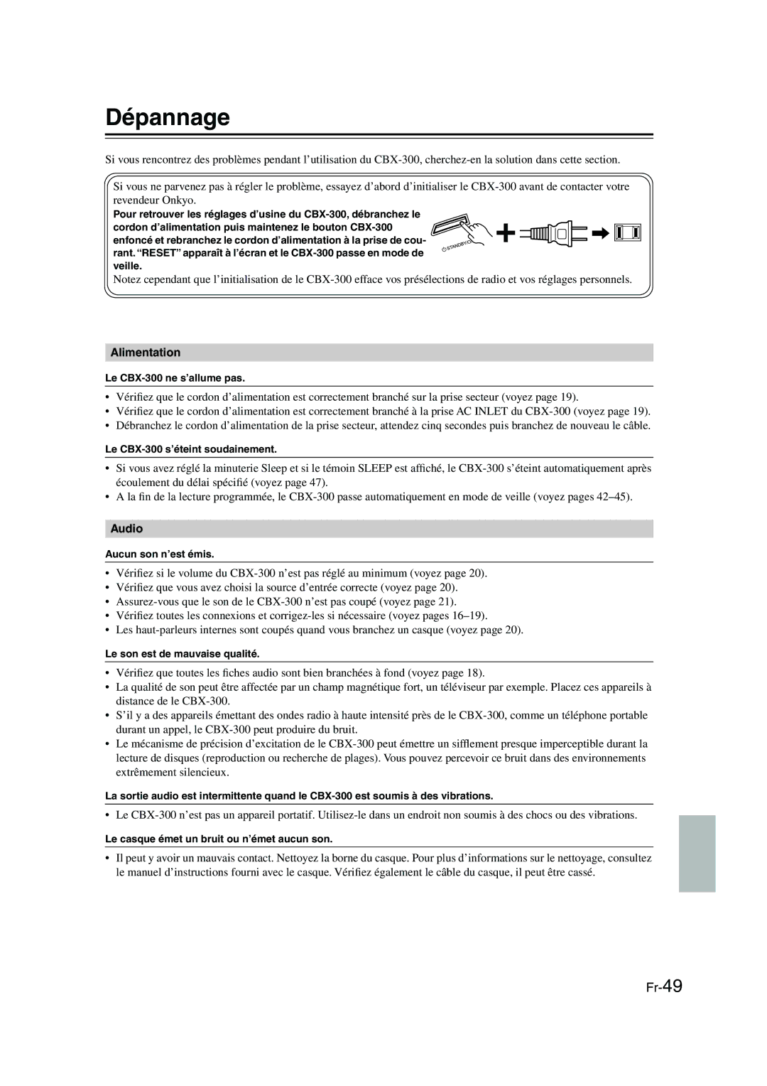 Onkyo CBX-300 instruction manual Dépannage, Alimentation 