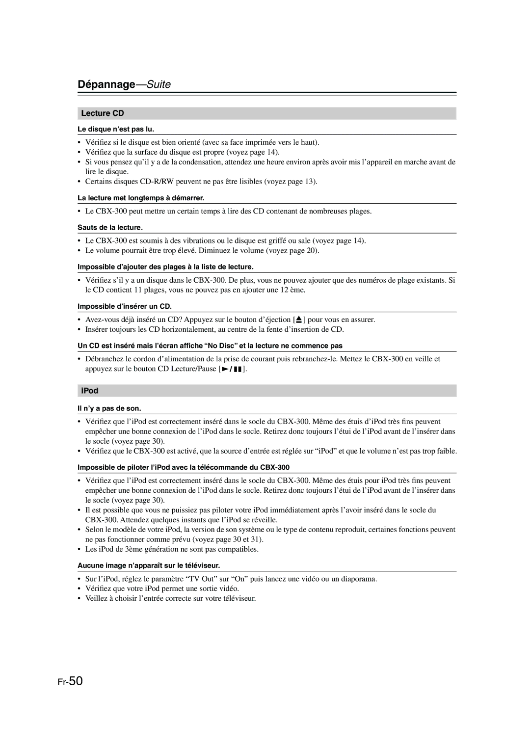 Onkyo CBX-300 instruction manual Dépannage-Suite, Lecture CD 