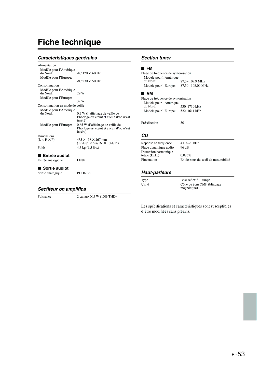 Onkyo CBX-300 instruction manual Fiche technique, Sectiteur on ampliﬁca, Section tuner, Entrée audiot, Sortie audiot 