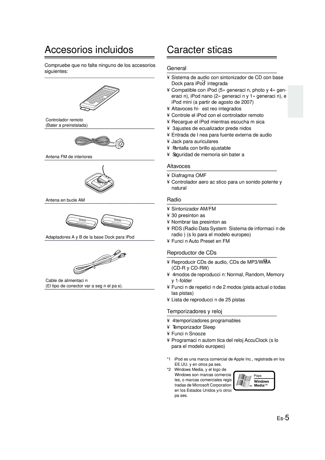 Onkyo CBX-300 Accesorios incluidos, Características, Altavoces, Reproductor de CDs, Temporizadores y reloj 