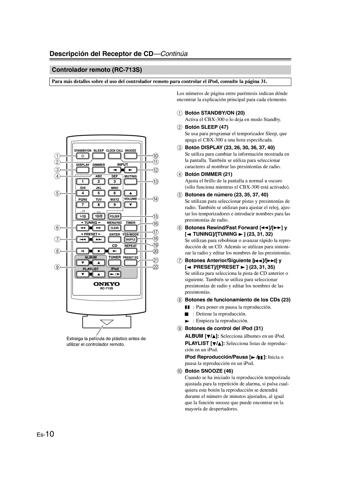 Onkyo CBX-300 instruction manual Controlador remoto RC-713S 