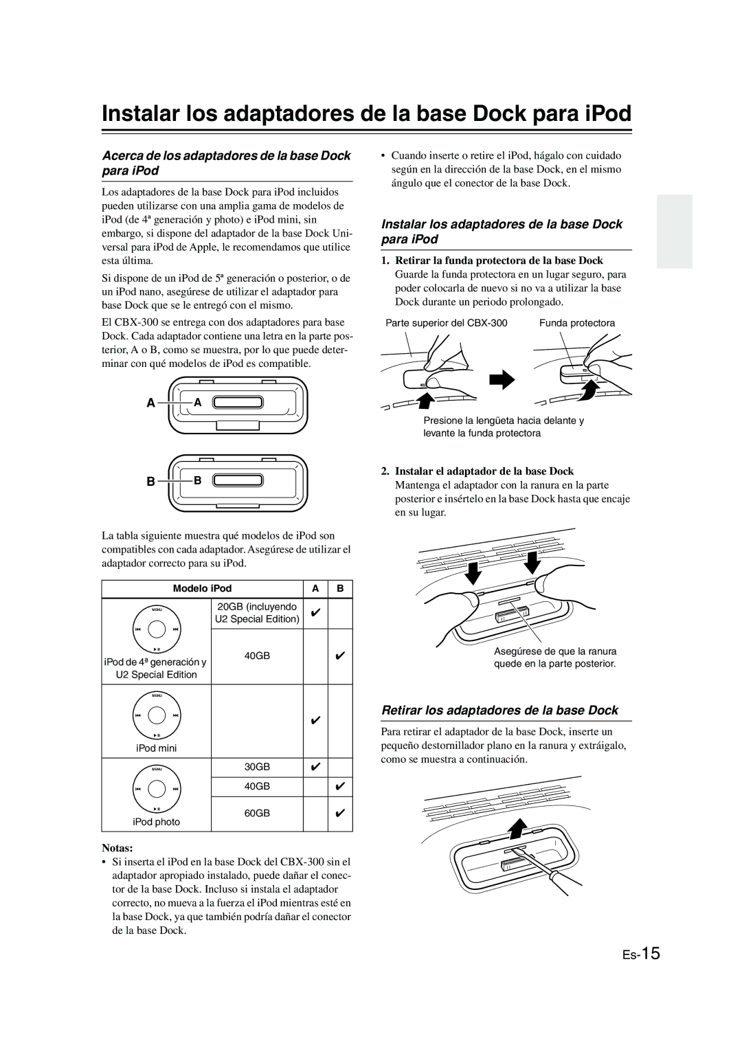 Onkyo CBX-300 Instalar los adaptadores de la base Dock para iPod, Acerca de los adaptadores de la base Dock para iPod 