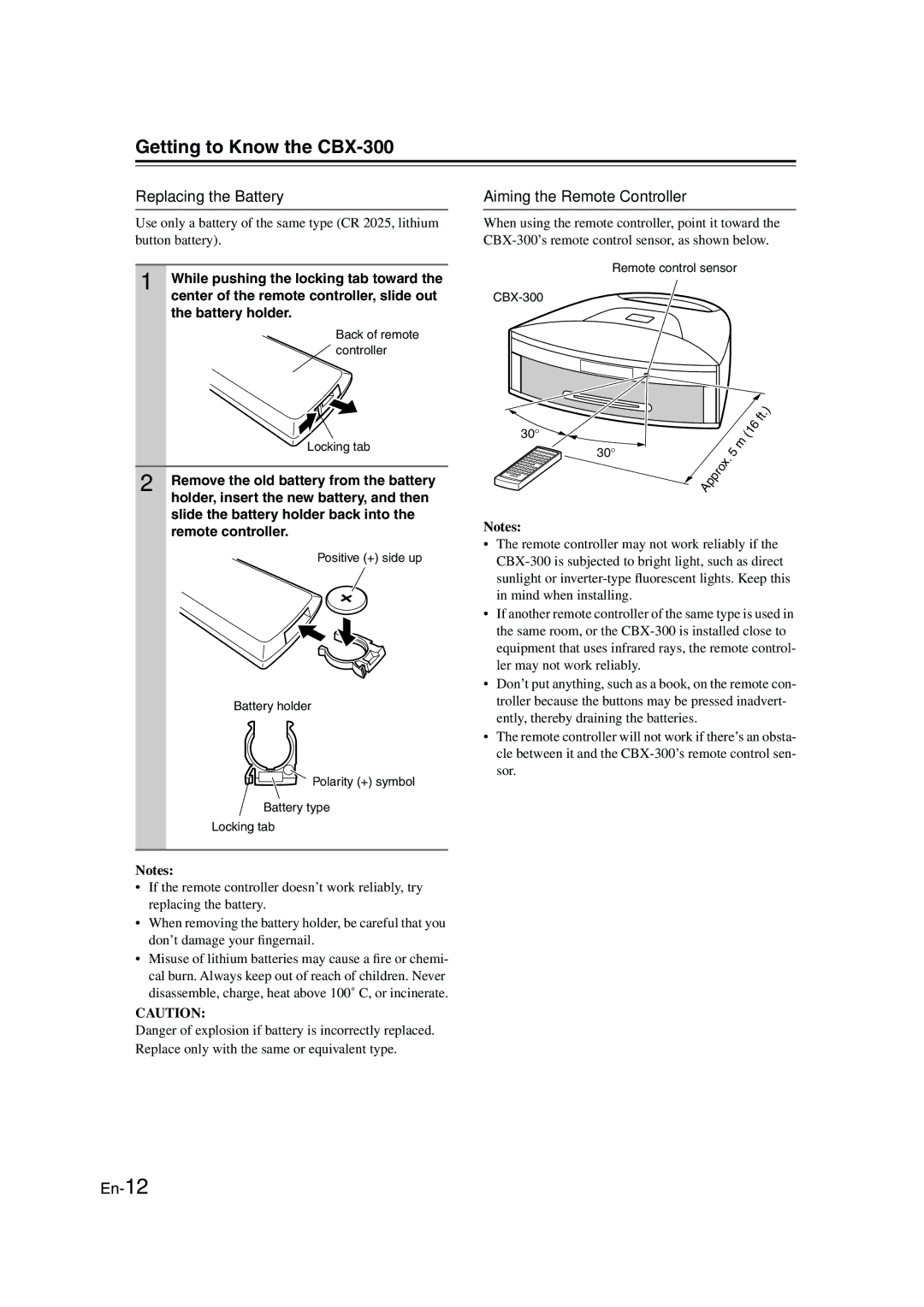 Onkyo CBX-300 instruction manual Replacing the Battery, Aiming the Remote Controller 