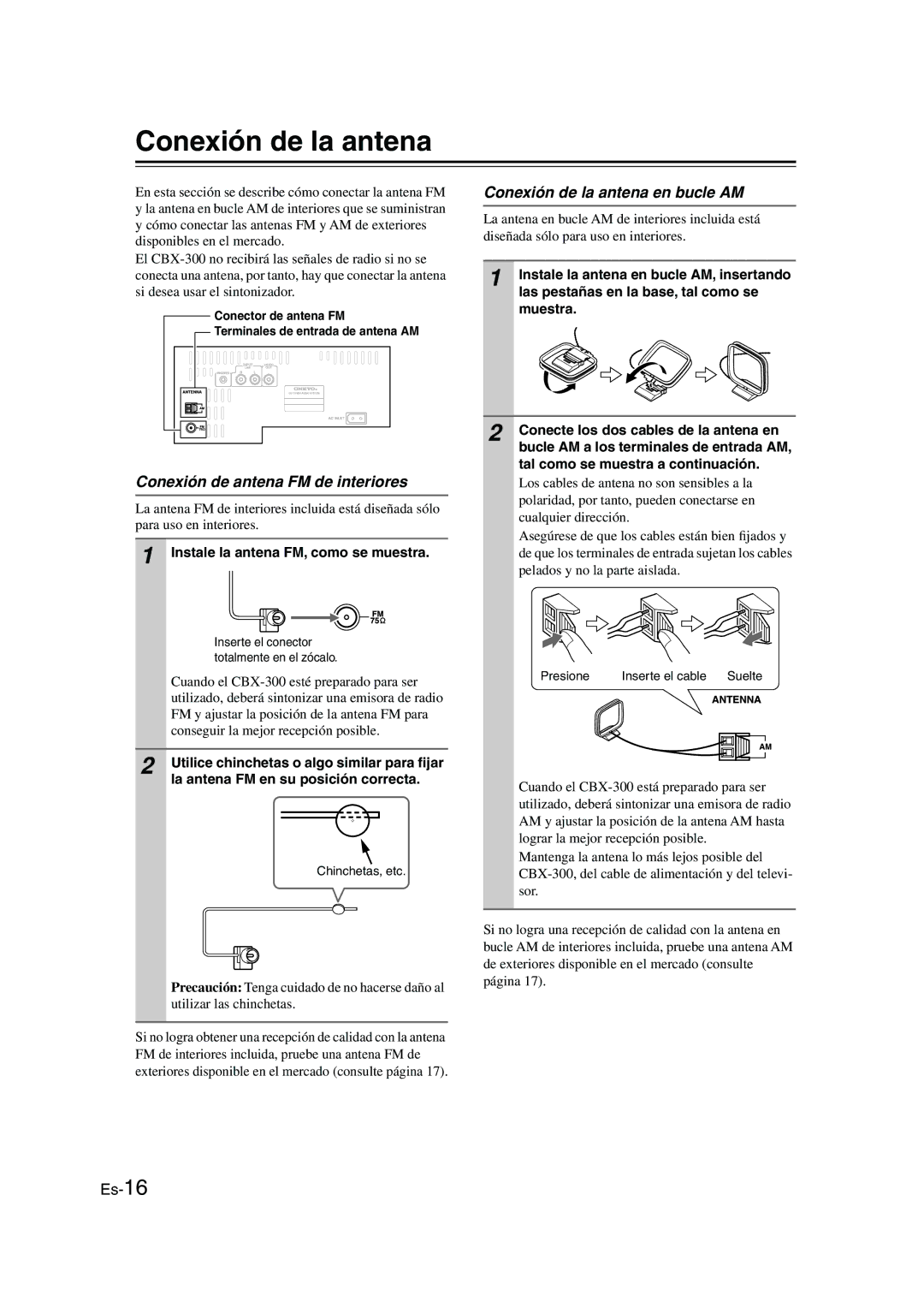 Onkyo CBX-300 instruction manual Conexión de la antena en bucle AM, Conexión de antena FM de interiores 