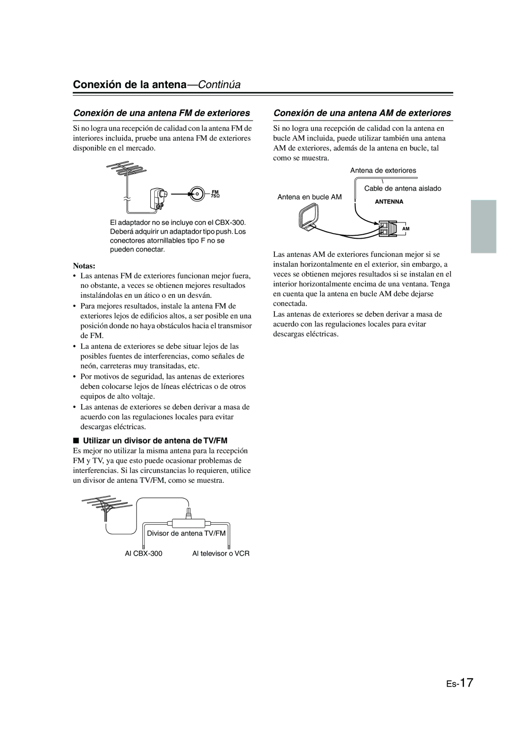 Onkyo CBX-300 instruction manual Conexión de la antena-Continúa, Conexión de una antena FM de exteriores 