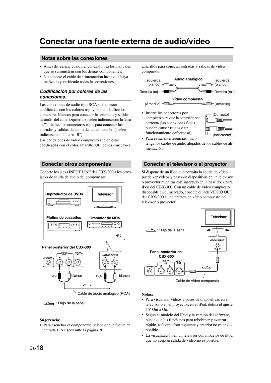 Onkyo CBX-300 Conectar una fuente externa de audio/vídeo, Notas sobre las conexiones, Conectar otros componentes 