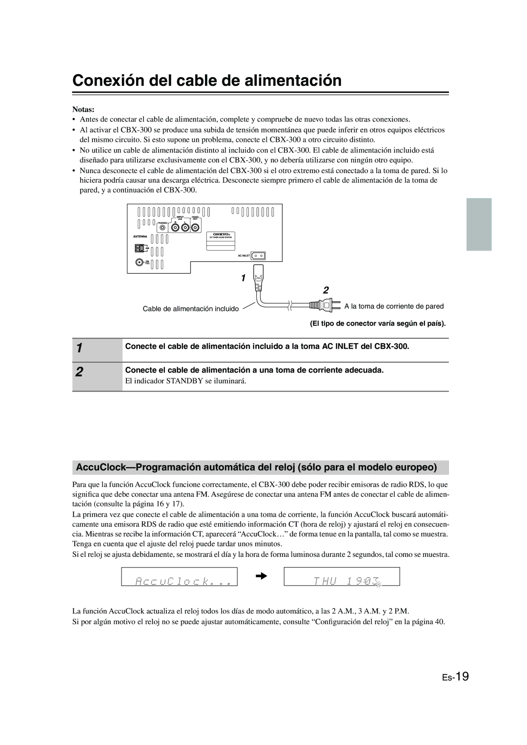 Onkyo CBX-300 instruction manual Conexión del cable de alimentación, El tipo de conector varía según el país 