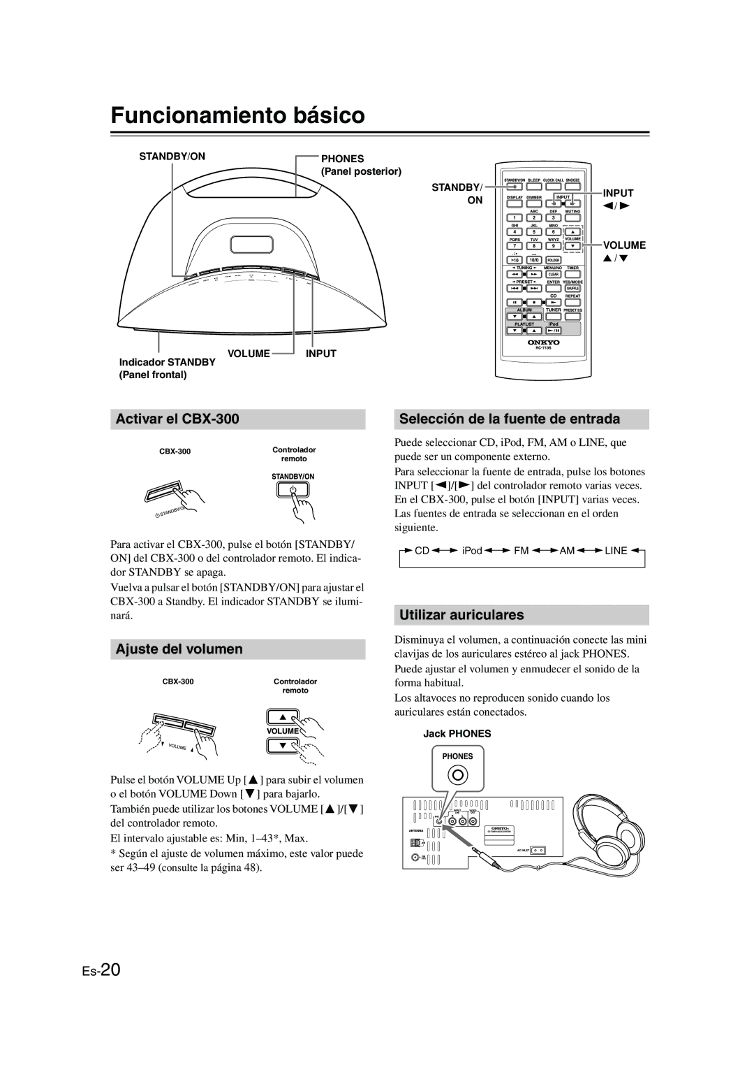 Onkyo Funcionamiento básico, Activar el CBX-300, Ajuste del volumen, Selección de la fuente de entrada 