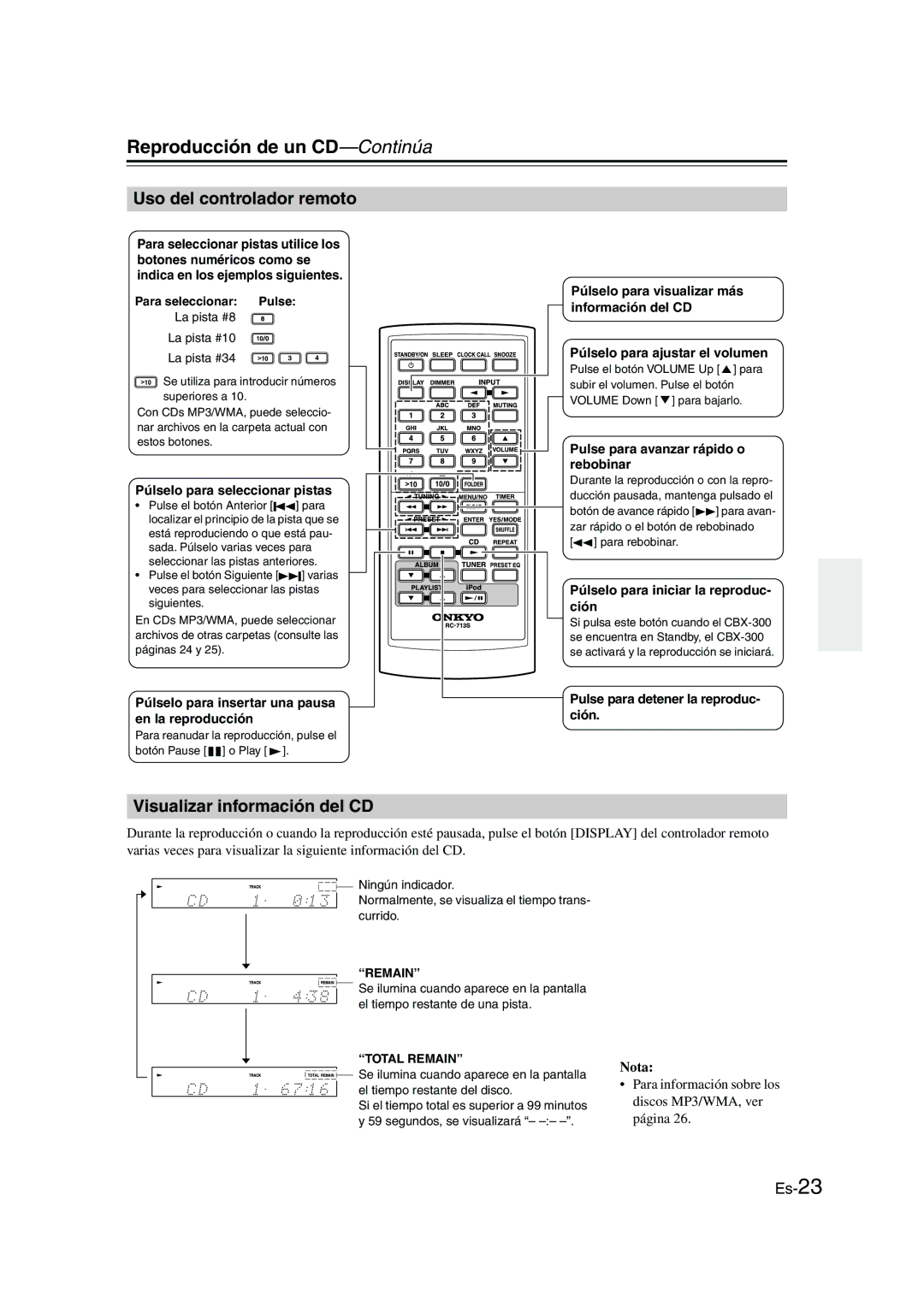 Onkyo CBX-300 Reproducción de un CD-Continúa, Uso del controlador remoto, Visualizar información del CD, Nota 