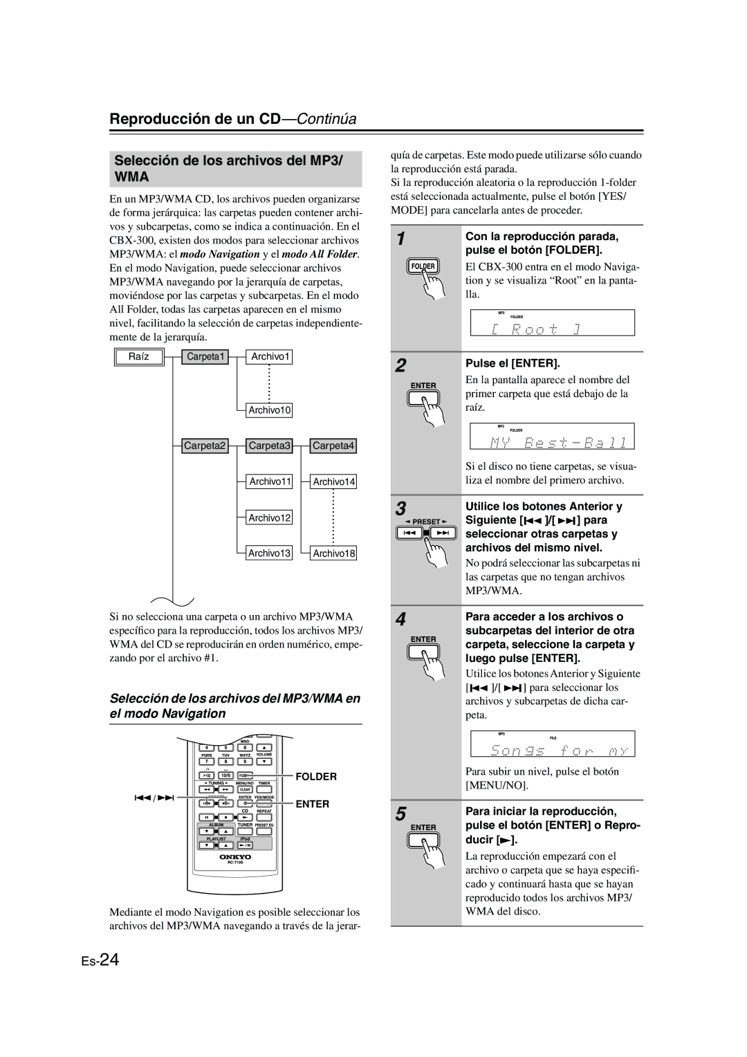 Onkyo CBX-300 instruction manual Selección de los archivos del MP3/WMA en el modo Navigation 