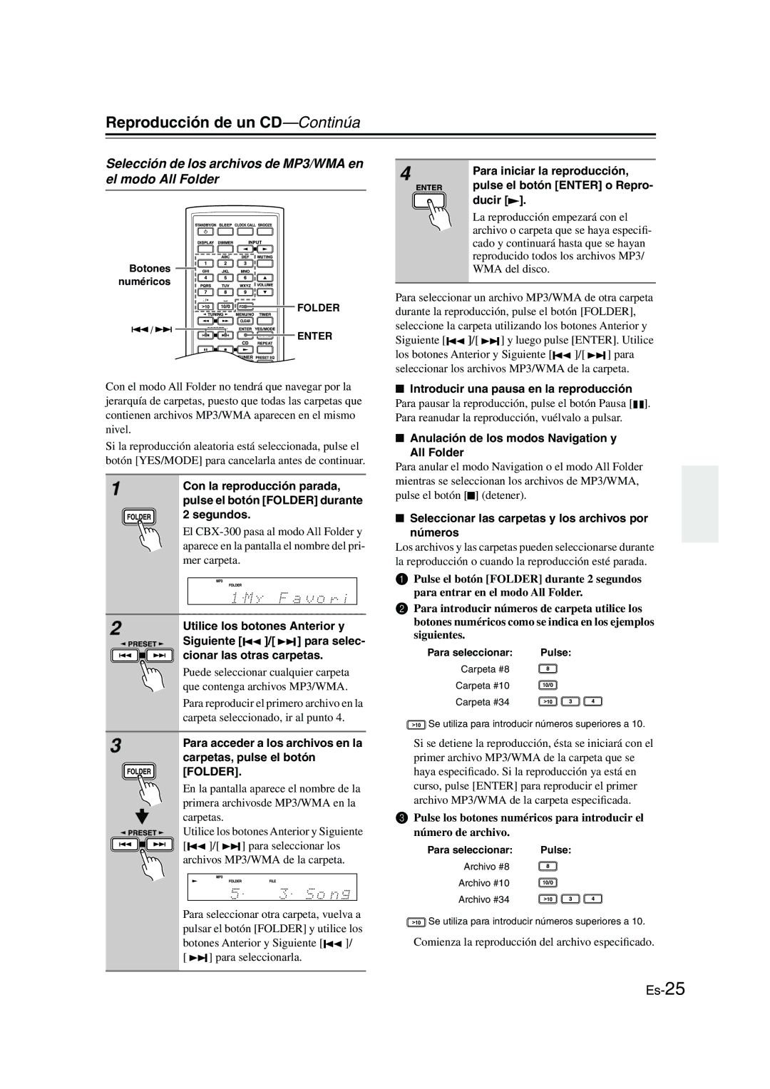 Onkyo CBX-300 instruction manual Selección de los archivos de MP3/WMA en el modo All Folder 