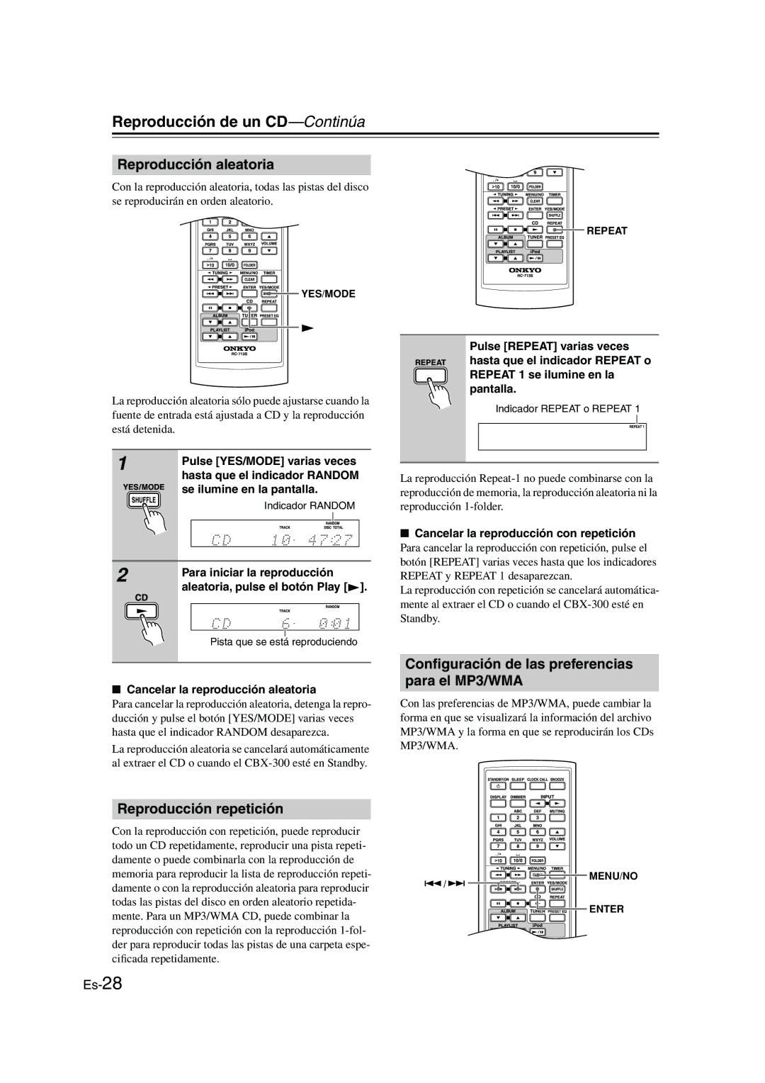 Onkyo CBX-300 Reproducción aleatoria, Reproducción repetición, Conﬁguración de las preferencias para el MP3/WMA 