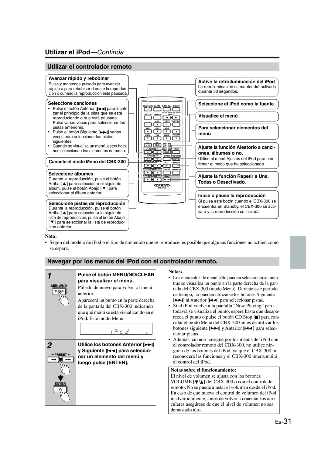 Onkyo CBX-300 instruction manual Utilizar el iPod-Continúa, Utilizar el controlador remoto, Notas sobre el funcionamiento 