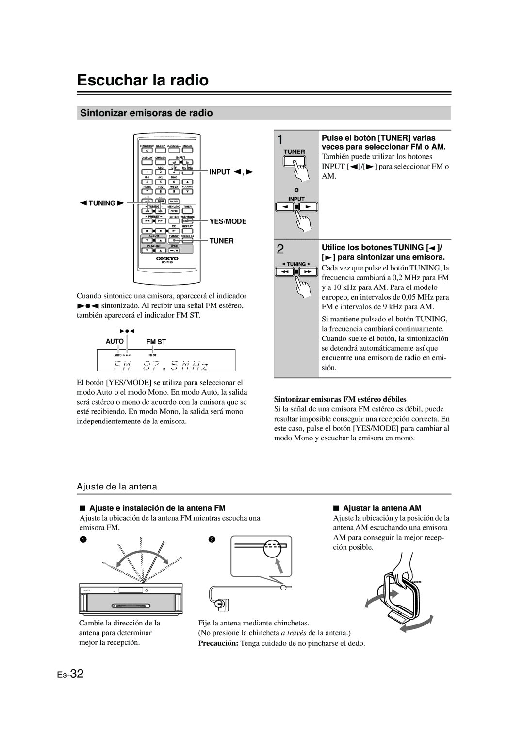 Onkyo CBX-300 instruction manual Escuchar la radio, Sintonizar emisoras de radio, Ajuste de la antena 