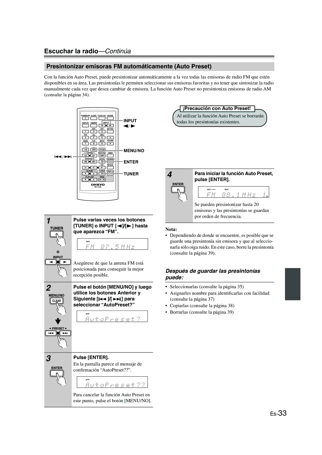 Onkyo CBX-300 instruction manual Escuchar la radio-Continúa, Presintonizar emisoras FM automáticamente Auto Preset 