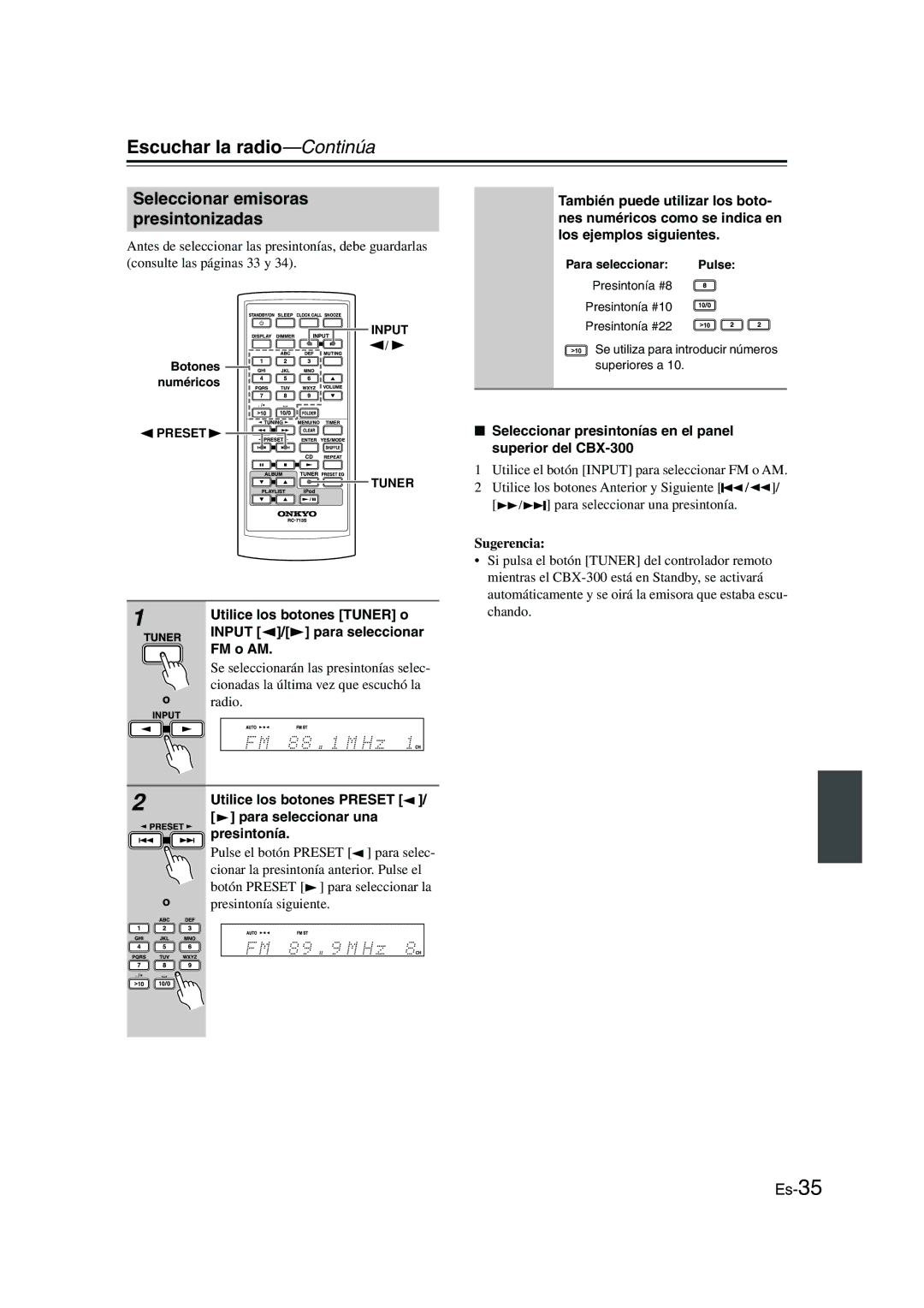 Onkyo CBX-300 instruction manual Seleccionar emisoras presintonizadas 